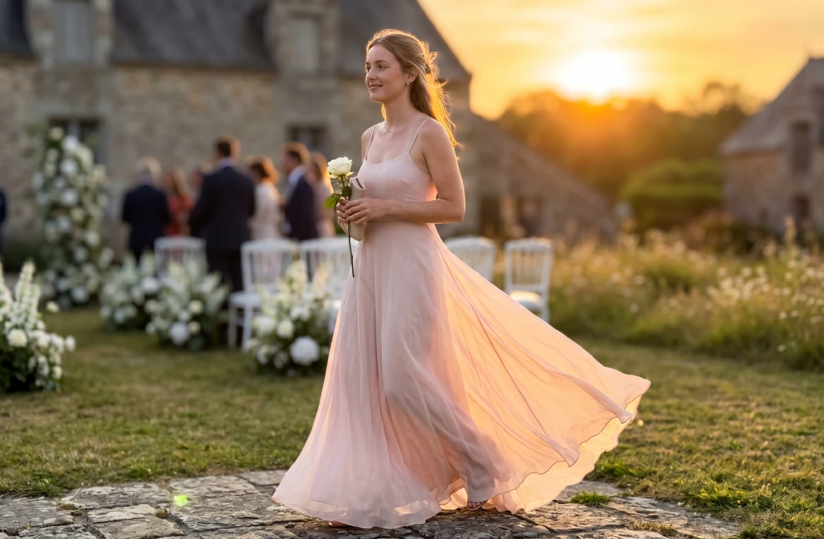 Invitée de mariage élégante portant une robe longue vaporeuse en mousseline de soie rose poudré.