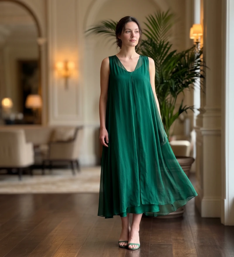 Modèle portant une robe de soirée en mousseline de soie verte avec un fond de robe en soie ton sur ton.