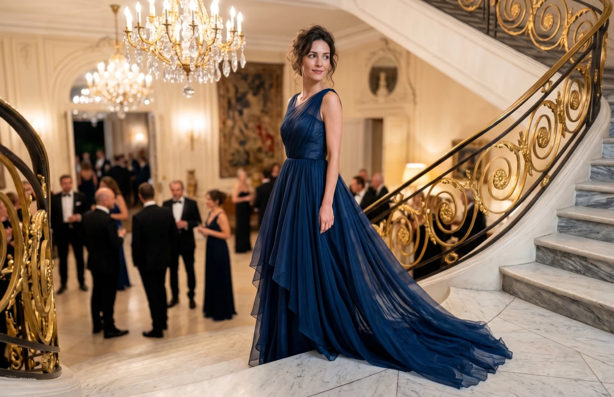 Robe de soirée sophistiquée en mousseline de soie bleu nuit avec jeux de transparence pour un gala.