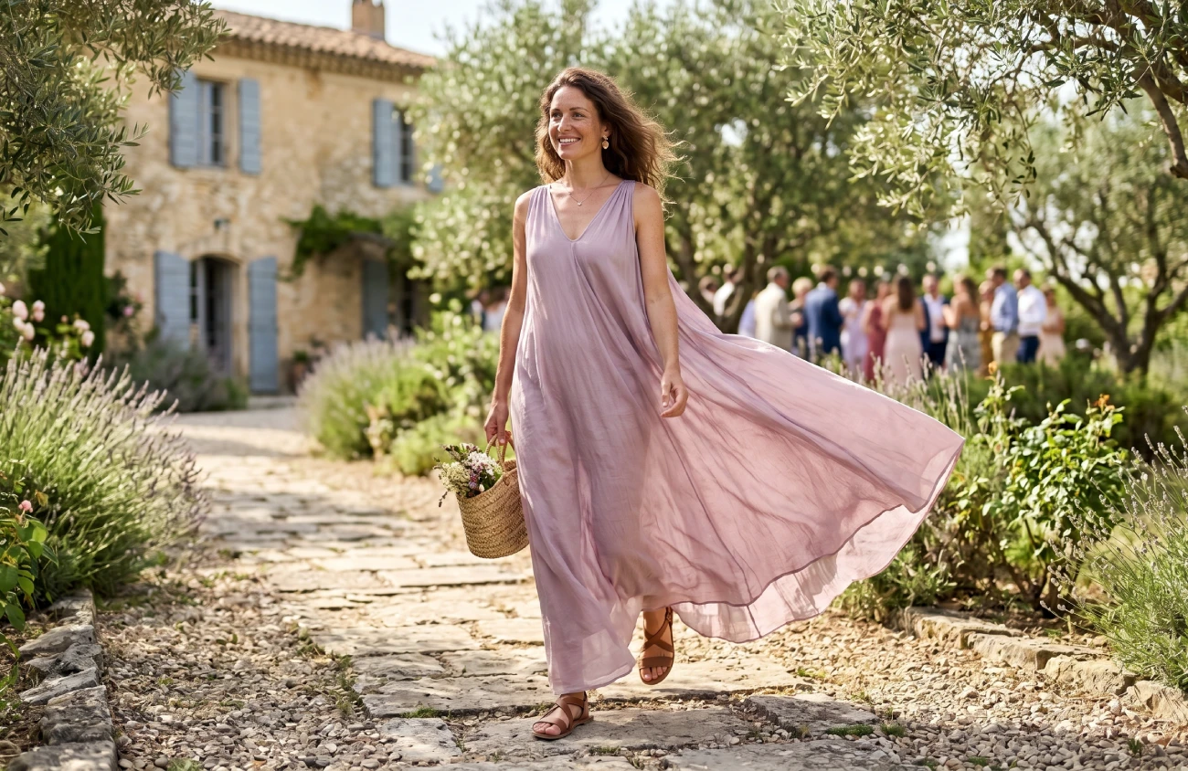 Femme portant une robe longue en mousseline de soie fluide mauve pâle lors d'un mariage en extérieur.