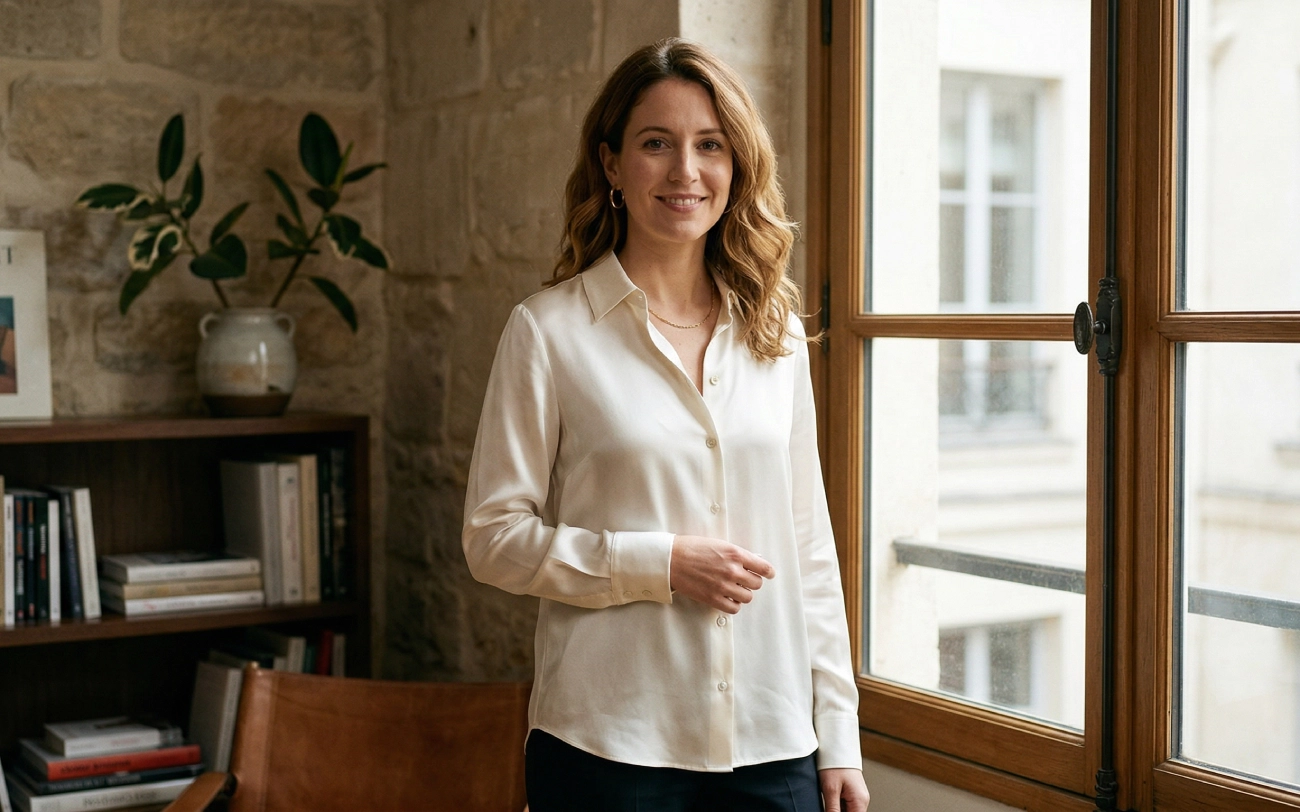 femme avec chemise en soie Mulberry Grade 6A pure