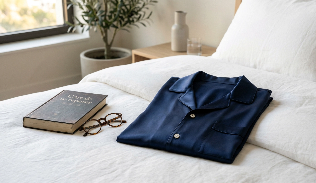 Pyjama en soie homme bleu marine plié sur un lit luxe confort nocturne