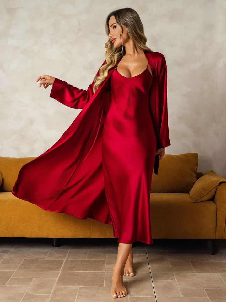déshabillé kimono long soie femme rouge