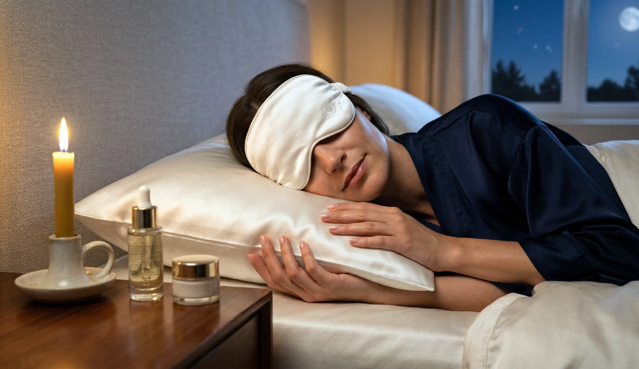 Masque de nuit en soie Mulberry rose et taie d'oreiller luxe pour sommeil réparateur